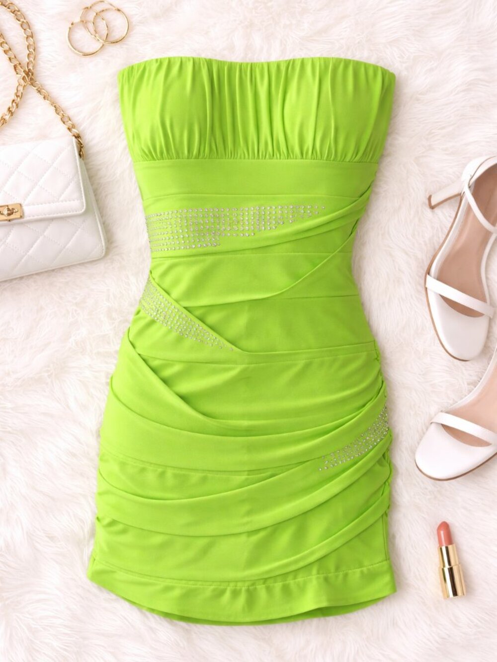Deb Strapless Ruched Neon Green Mini Dress – Size L NWT